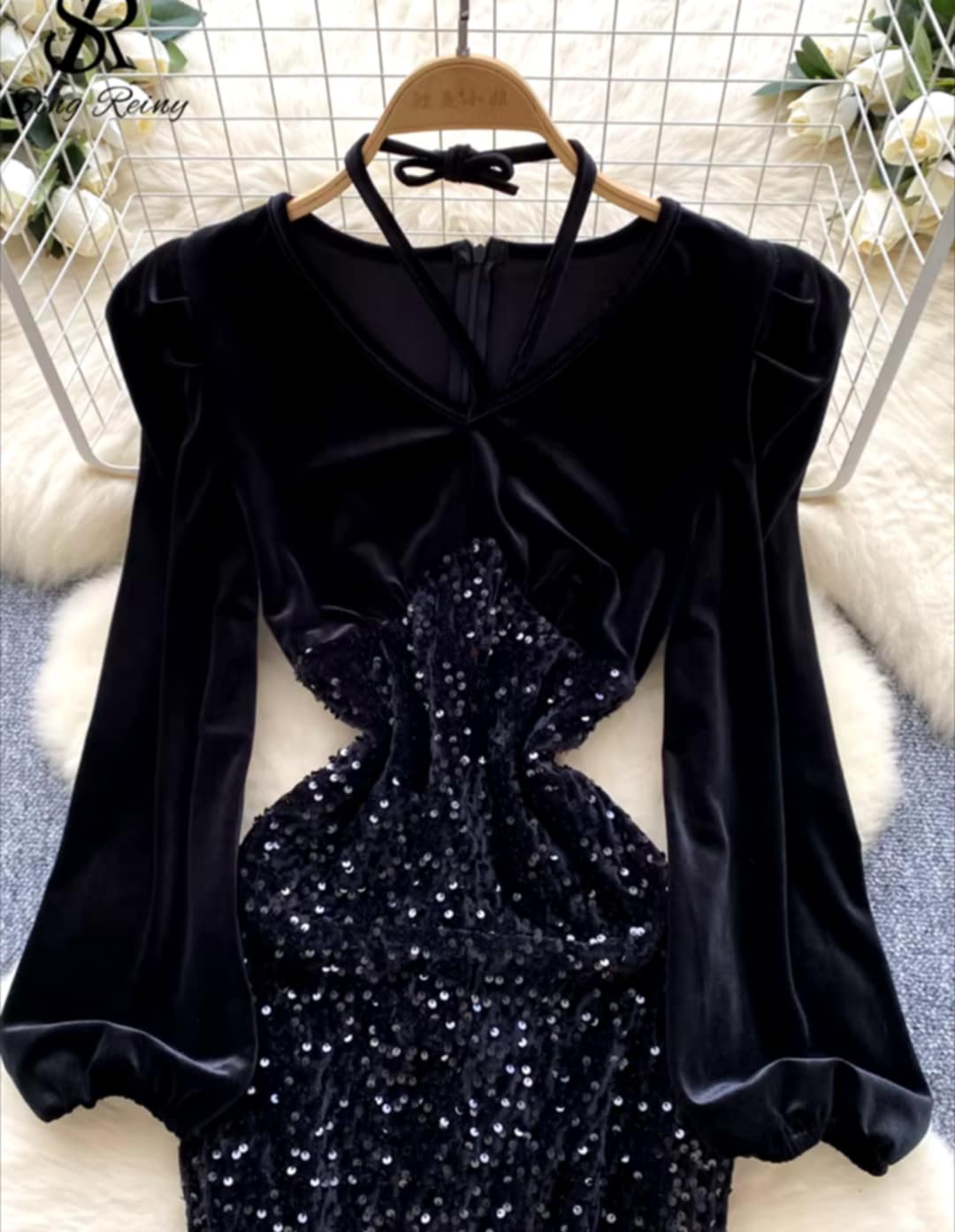 Robe sirène en velours et paillettes
