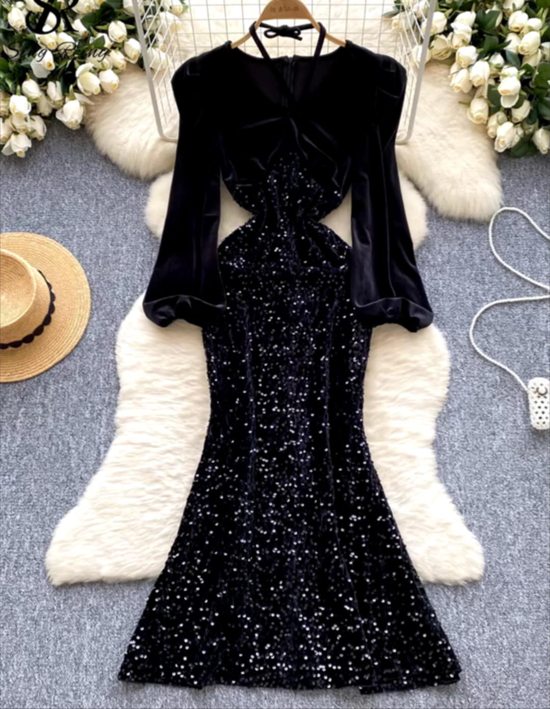 Robe sirène en velours et paillettes