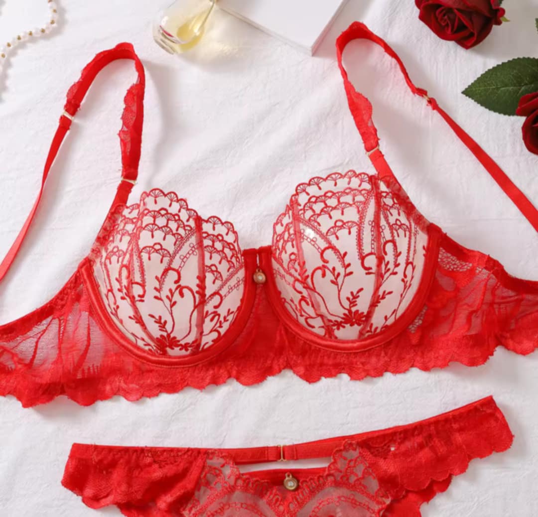 Lingerie 2 pièces dentelle nude rouge