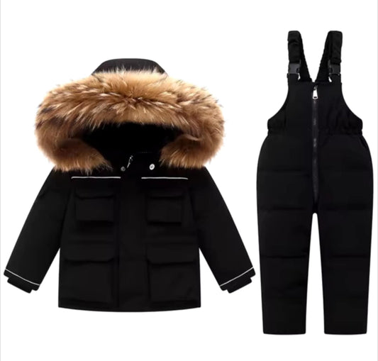 Ensemble salopette d'hiver pour enfant avec fourrure véritable