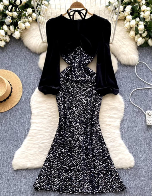 Robe sirène en velours et paillettes