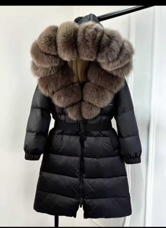 Veste longue d'hiver pour femme en duvet de canard avec capuche de fourrure XL