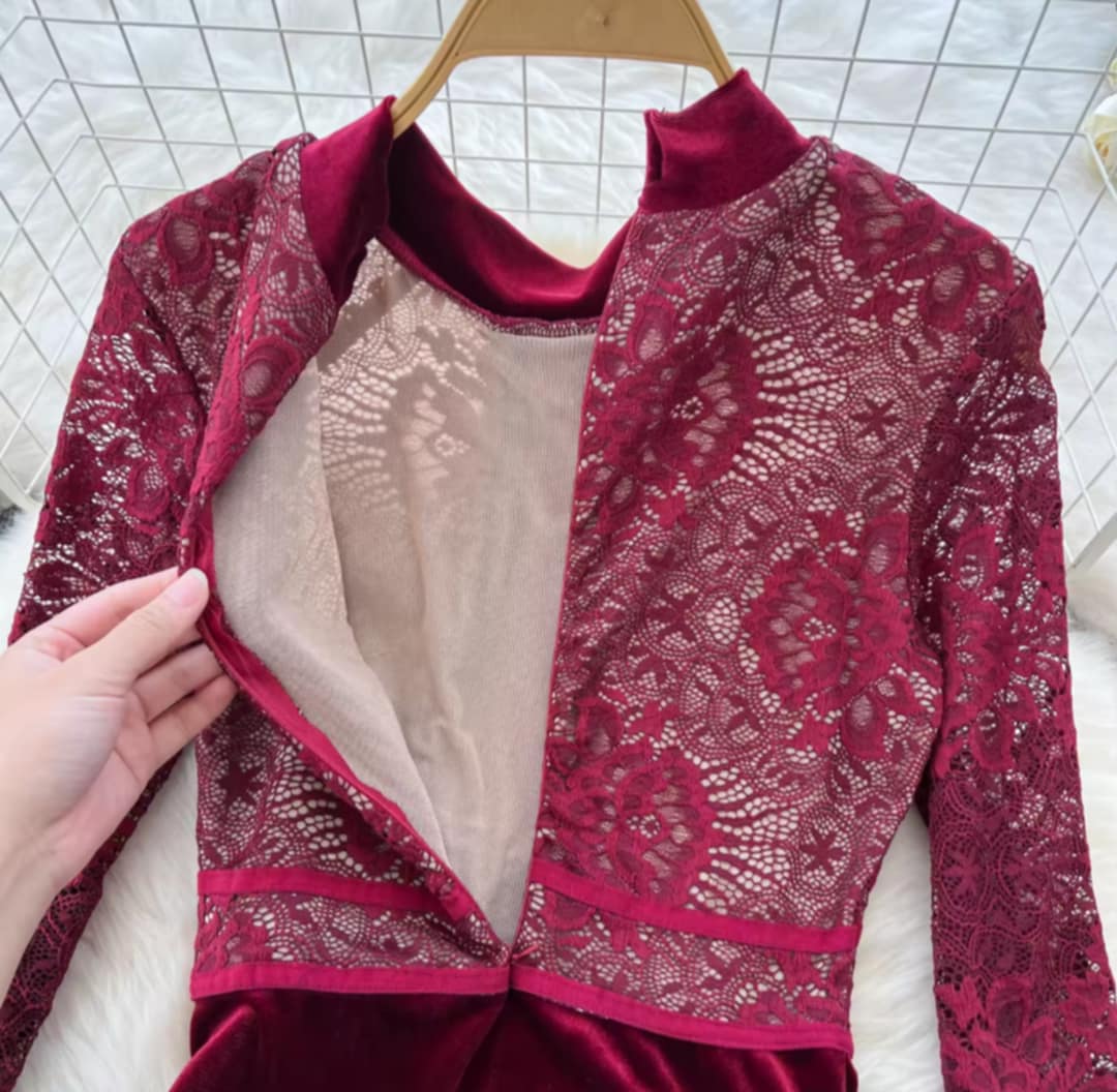 Robe de soirée en dentelle et velours chic