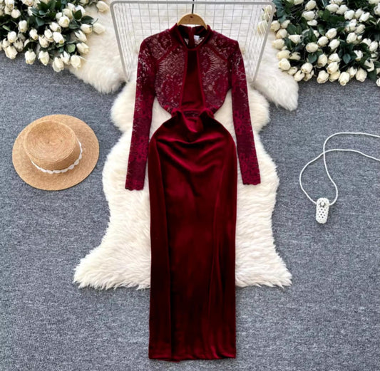 Robe de soirée en dentelle et velours chic