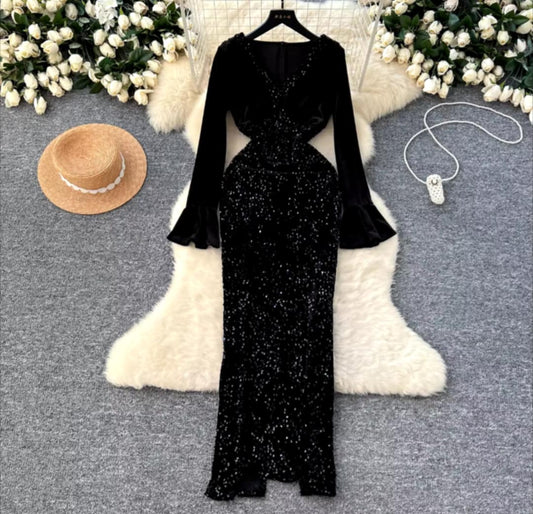 Robe évassée vintage en velours et pailettes